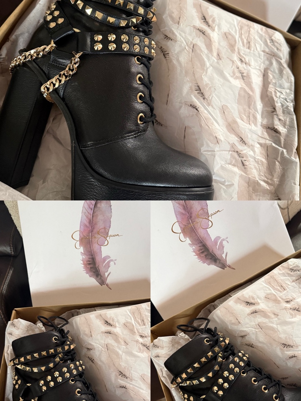 Jessica Simpson Black Studded Platform Lace-Up Ankle Boots with Gold Chain
